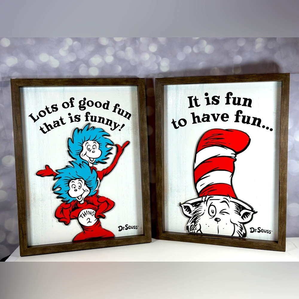 Dr. Seuss Cat In The Hat, Thing 1 & 2 It Is Fun To Have Fun Wall Art Wood 2 Part